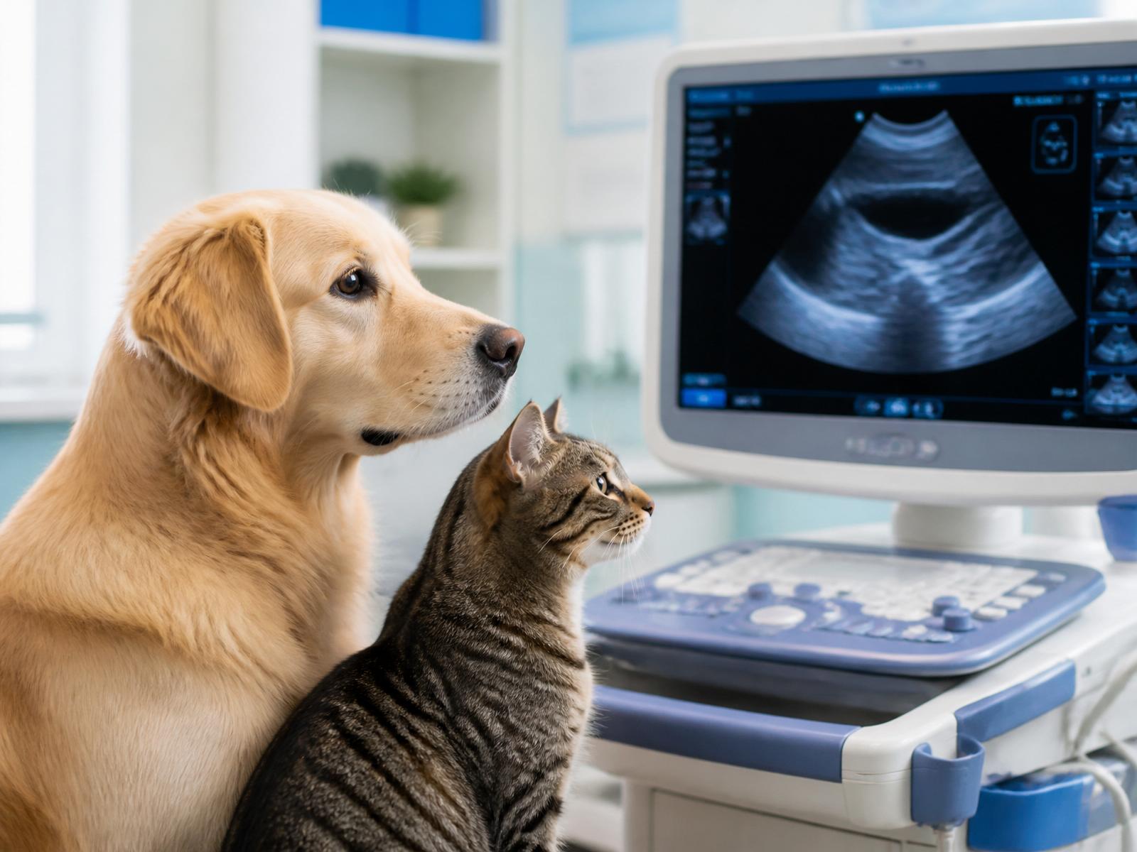 Golden Retriever e gato observando ultrassom